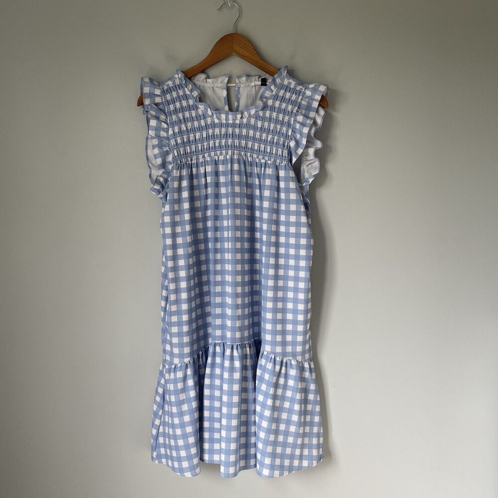 Michelle Mcdowell Gingham Plaid Dress Ruffles Cap Sleeve Blue White Size Large